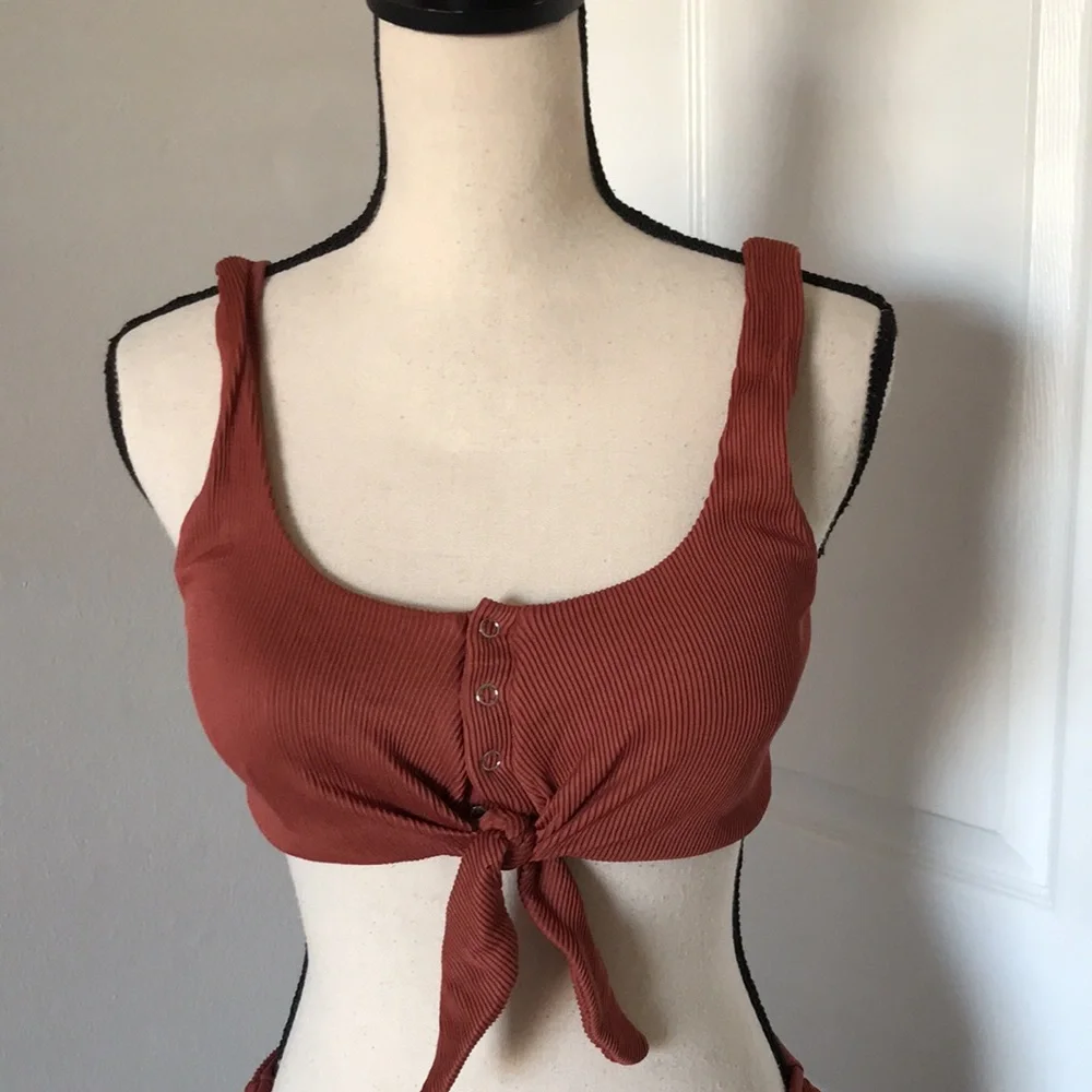 BROWN Ribbed Tie Front Bikini Set | S